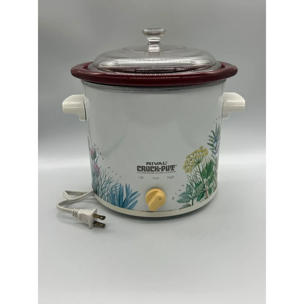Vintage Rival Crock-Pot Slow Cooker Herb Garden Floral 3.5 Qt White Red Works